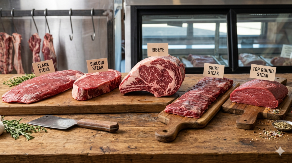 A landscape shot of five raw beef cuts arranged from left to right on rustic wooden boards on a butcher's counter: Flank Steak, Sirloin Steak, Ribeye, Skirt Steak, and Top Round Steak. Each cut features a small brown paper label on a toothpick identifying the steak. A small cleaver, fresh rosemary, and scattered spices sit on the counter in the foreground, with a deli display case and hanging meats blurred in the background