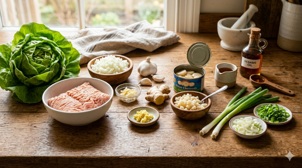 An overhead, landscape shot of fresh ingredients for Asian chicken lettuce wraps arranged on a rustic wooden table, including ground chicken, a head of butter lettuce, chopped water chestnuts, minced ginger, garlic, and sliced green onions