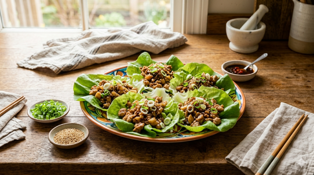 An overhead, landscape shot of a plate of four Asian-style chicken lettuce wraps on a rustic wooden table by a window, garnished with green onions, red peppers, and purple cabbage, with dipping sauce and side bowls of seeds and onions.