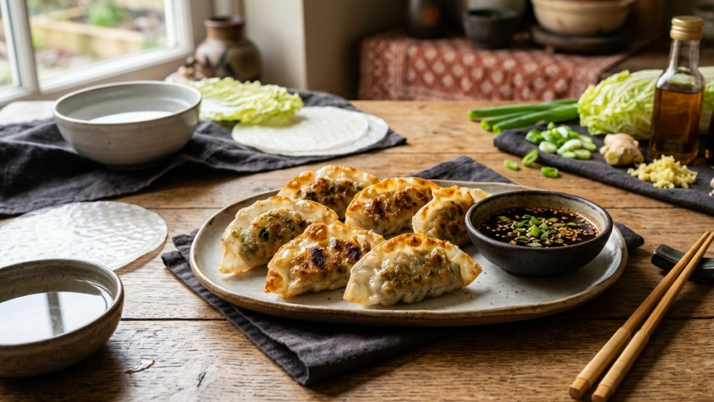 Golden-brown, pan-fried rice paper dumplings with a blistered, crispy texture served on a ceramic plate alongside a dark dipping sauce, chopsticks, and fresh ingredients like napa cabbage, garlic, and scallions on a rustic wooden table.