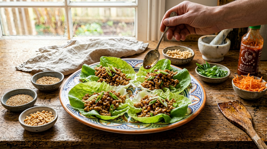 cooked chicken mixture into fresh butter lettuce cups on a colorful ceramic platter, surrounded by bowls of sesame seeds, crushed peanuts, and shredded carrots.
