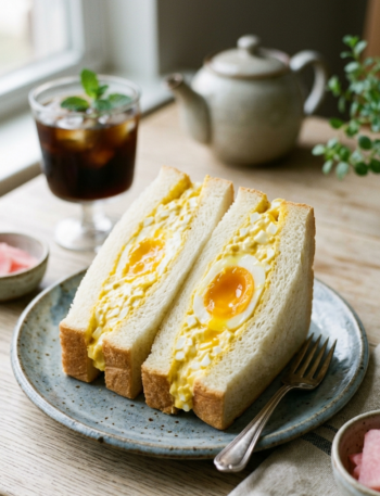Two halves of a crustless Japanese egg sandwich (Tamago Sando) sliced diagonally on a grey ceramic plate, featuring a creamy egg salad filling and a jammy, soft-boiled egg center with a runny orange yolk, set on a cafe table next to iced coffee.