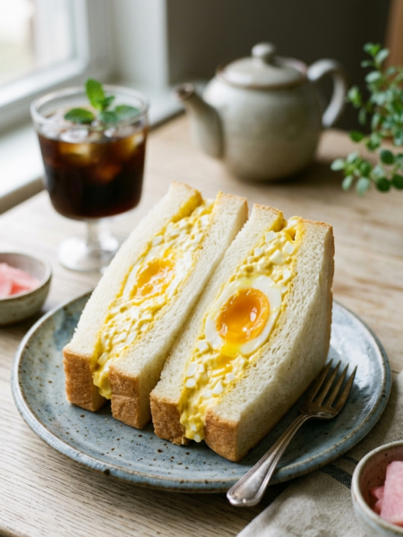 Two halves of a crustless Japanese egg sandwich (Tamago Sando) sliced diagonally on a grey ceramic plate, featuring a creamy egg salad filling and a jammy, soft-boiled egg center with a runny orange yolk, set on a cafe table next to iced coffee.