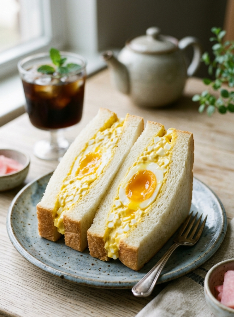 Two halves of a crustless Japanese egg sandwich (Tamago Sando) sliced diagonally on a grey ceramic plate, featuring a creamy egg salad filling and a jammy, soft-boiled egg center with a runny orange yolk, set on a cafe table next to iced coffee.
