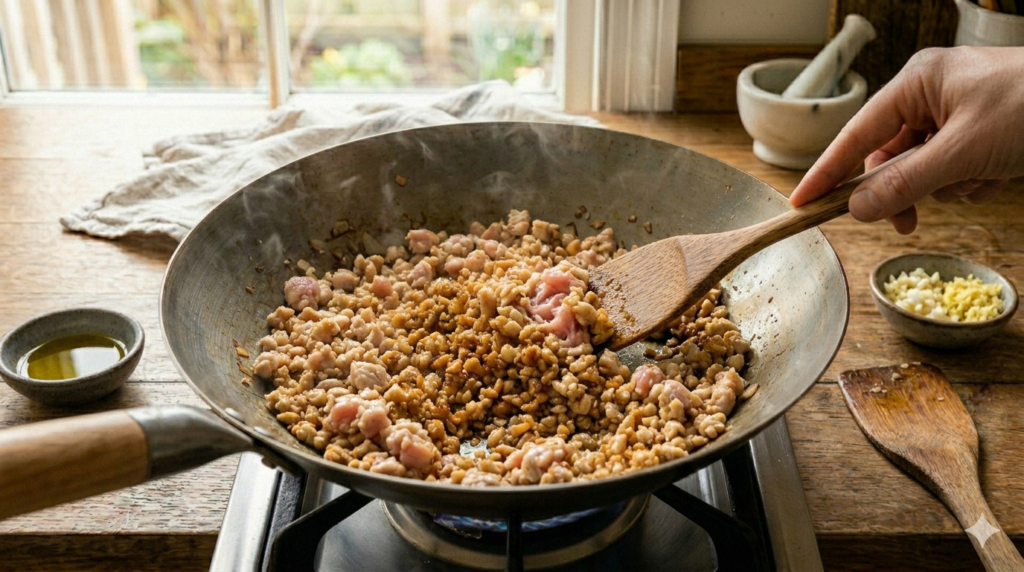 ground chicken cooking and crumbling to a perfect golden brown in a hot steel wok.