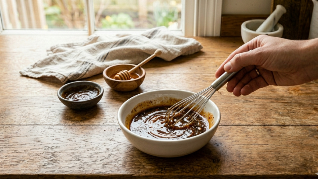 A close-up, landscape shot of a person's hand using a stainless steel wire whisk to mix a dark, glossy Asian umami sauce in a white ceramic bowl on a wooden countertop.