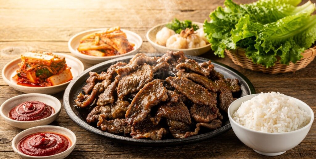 Thinly sliced Korean beef bulgogi with sesame seeds and green onions in a skillet.