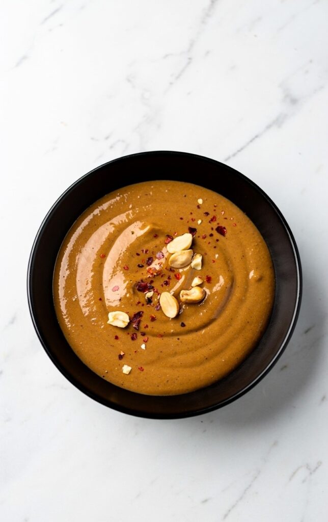A small black ceramic bowl filled with creamy authentic Asian peanut sauce, garnished with crushed roasted peanuts and red pepper flakes.