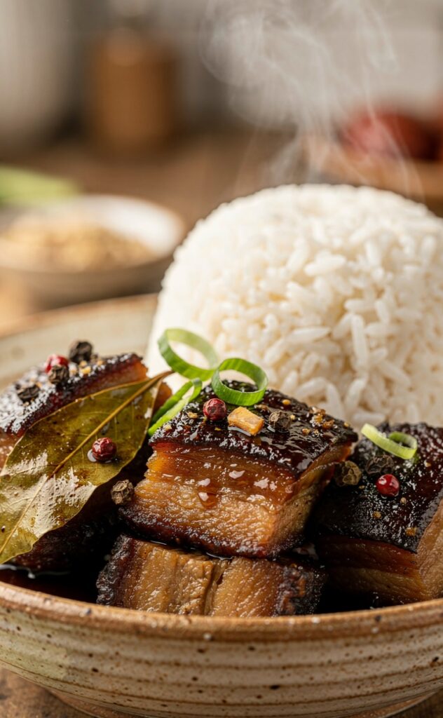 A bowl of authentic Filipino pork adobo with tender pork belly chunks in a glossy garlic soy sauce, served over a bed of steaming white rice