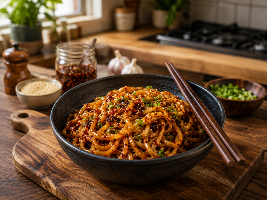 A close-up food photography scene featuring spicy chili crisp noodles served in a black ceramic bowl, garnished with chopped green onions and chili flakes. Wooden chopsticks rest beside the bowl on a rustic wooden board, with chili oil, garlic, and kitchen items softly blurred in the warm background.