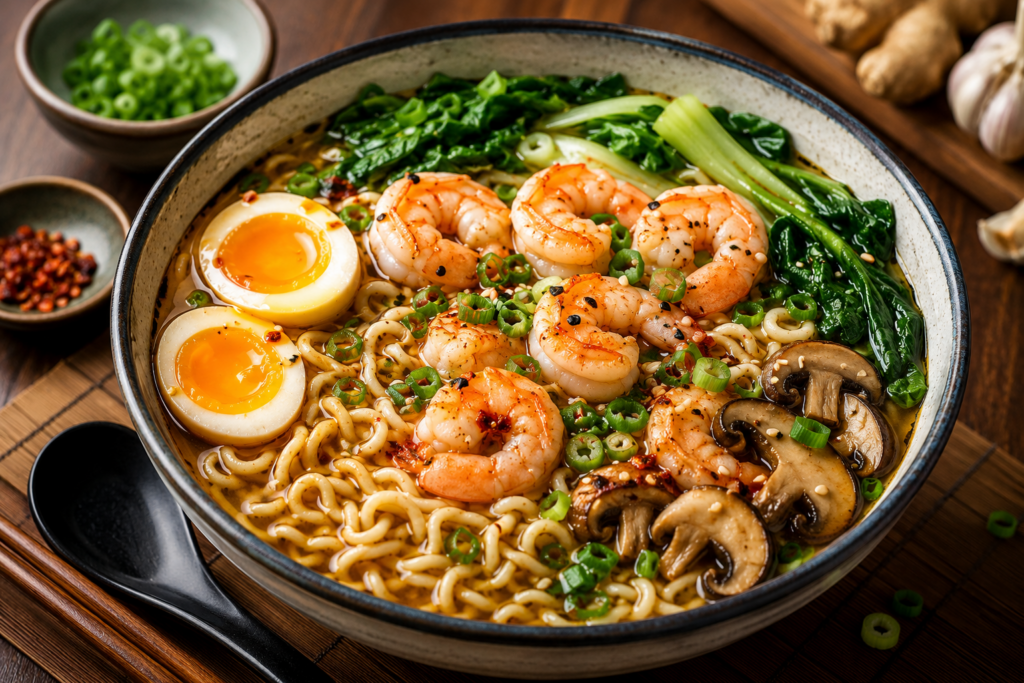 A high-quality landscape food photo of easy shrimp ramen soup served in a large ceramic bowl. The soup features juicy shrimp, ramen noodles, soft-boiled eggs, mushrooms, bok choy, and chopped green onions in a rich savory broth, placed on a rustic wooden table with chopsticks and Asian-style garnishes.