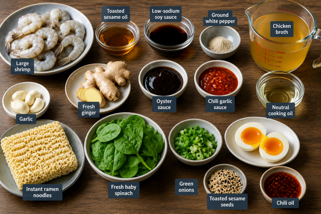 A high-quality landscape image displaying all the ingredients for easy shrimp ramen soup neatly arranged on a wooden kitchen surface. The ingredients include large shrimp, sesame oil, soy sauce, white pepper, chicken broth, garlic, fresh ginger, oyster sauce, chili garlic sauce, ramen noodles, baby spinach, green onions, soft-boiled eggs, sesame seeds, and chili oil.