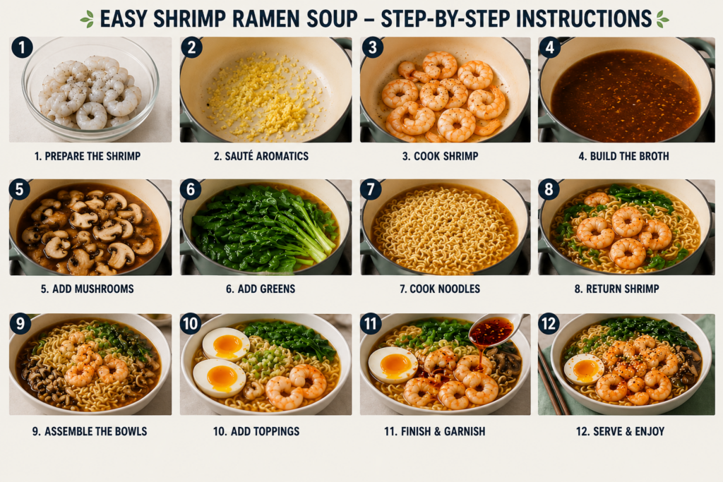 A landscape step-by-step recipe infographic for easy shrimp ramen soup featuring 12 visual cooking steps. Each panel shows a cooking stage including preparing shrimp, sautéing aromatics, cooking shrimp, building broth, adding mushrooms and greens, cooking noodles, assembling bowls, adding toppings, garnishing, and serving.