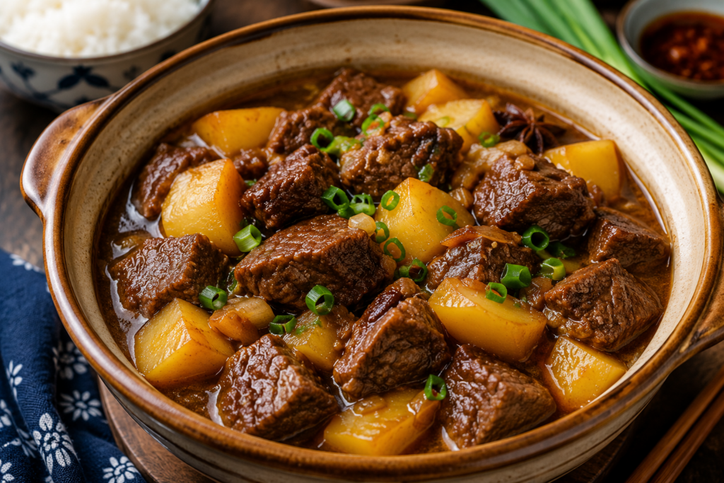 A landscape food photograph of Chinese beef stew with potatoes served in a rustic ceramic bowl, featuring tender braised beef chunks, soft golden potatoes, rich savory broth, and fresh green onion garnish on a wooden table.