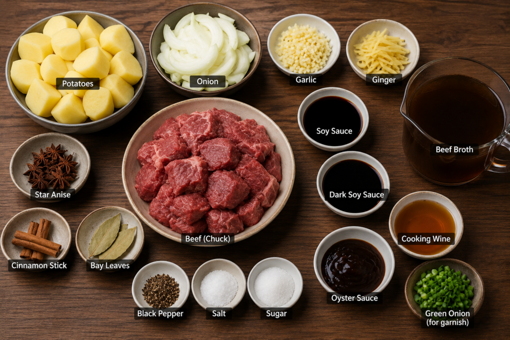 A landscape flat-lay image showing all ingredients for Chinese beef stew with potatoes arranged on a wooden table, including beef chuck, potatoes, onion, garlic, ginger, soy sauces, beef broth, spices, and seasonings in bowls.