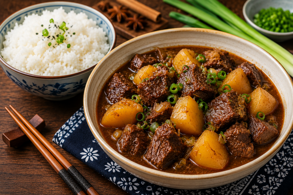 A landscape food photograph of Chinese beef stew with potatoes served in a rustic bowl alongside steamed white rice, featuring tender braised beef, soft golden potatoes, rich savory broth, and fresh green onion garnish on a wooden table.