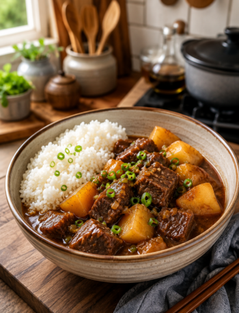 A white ceramic bowl filled with authentic Chinese beef stew with potatoes, tender chunks of braised beef brisket, and bright orange carrots in a rich, glossy brown sauce garnished with fresh chopped green onions