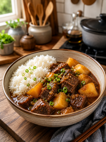 A white ceramic bowl filled with authentic Chinese beef stew with potatoes, tender chunks of braised beef brisket, and bright orange carrots in a rich, glossy brown sauce garnished with fresh chopped green onions