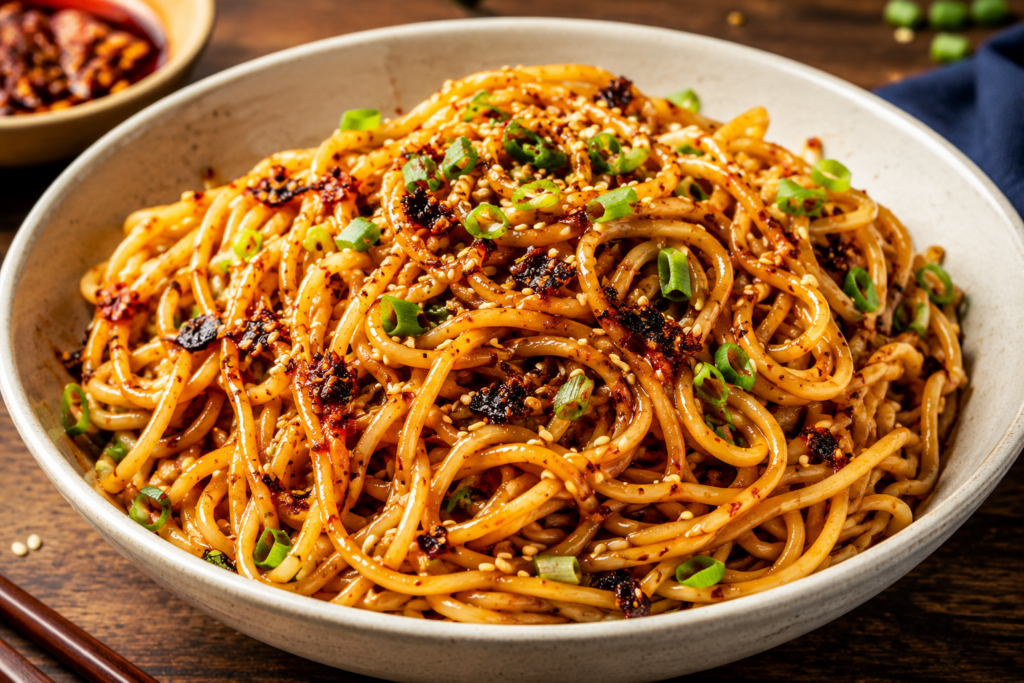 A landscape food photograph of spicy chili crisp noodles served in a ceramic bowl, topped with sesame seeds, green onions, and crispy chili flakes on a rustic wooden table.