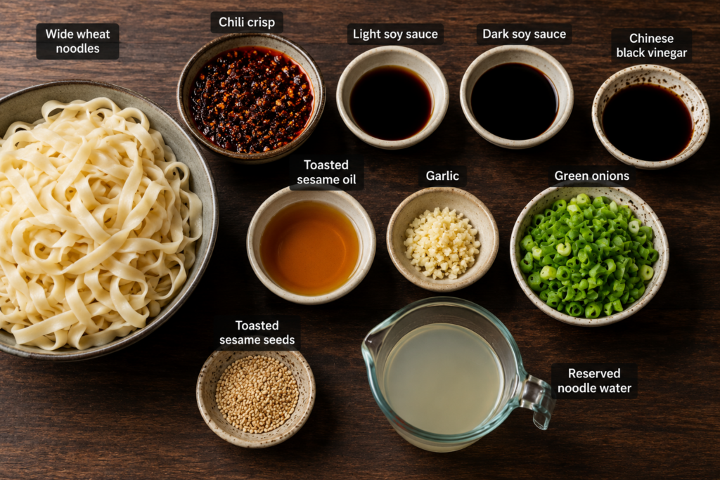 A landscape flat-lay image showing all ingredients for chili crisp noodles arranged on a wooden table, including wide wheat noodles, chili crisp, soy sauces, Chinese black vinegar, sesame oil, garlic, green onions, sesame seeds, and reserved noodle water.