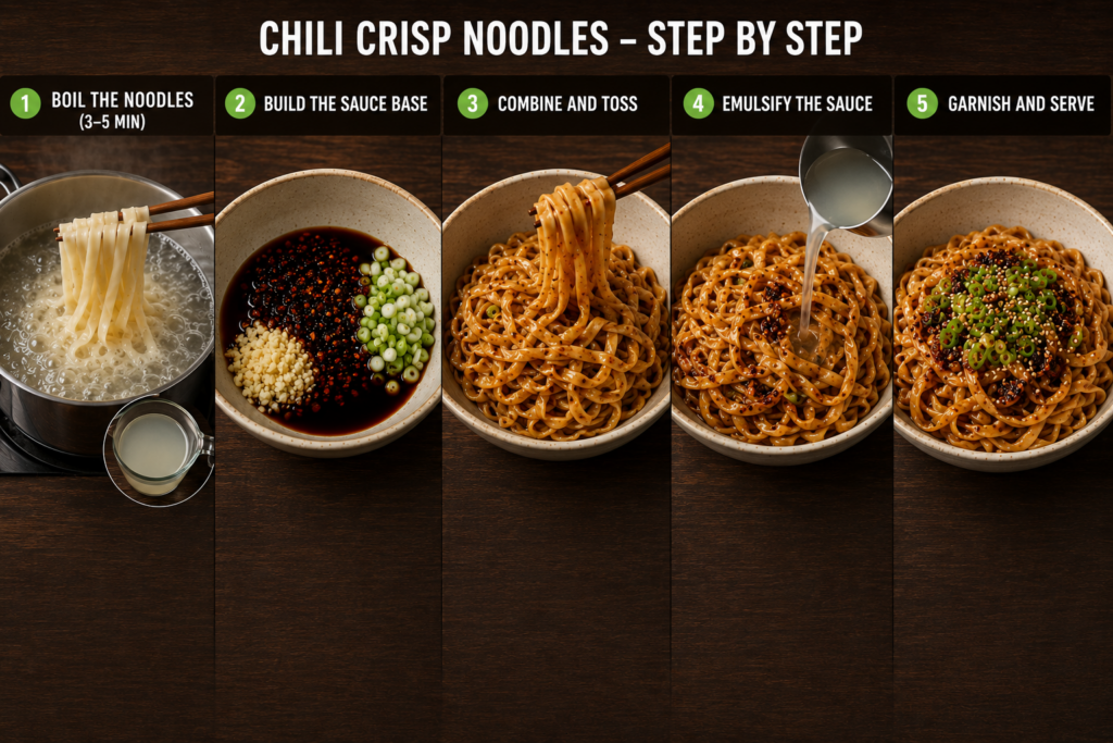 A landscape step-by-step collage showing five stages of making chili crisp noodles, including boiling noodles, preparing the sauce, combining noodles with sauce, emulsifying with noodle water, and garnishing with sesame seeds and green onions.