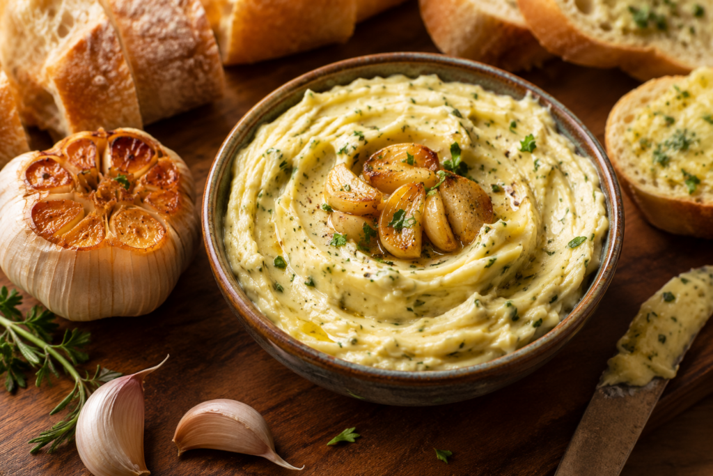 A landscape food image featuring creamy roasted garlic butter in a rustic ceramic bowl, topped with roasted garlic cloves and herbs. The bowl is surrounded by roasted garlic bulbs, fresh rosemary, crusty bread slices, and a butter knife on a wooden table with warm natural lighting.
