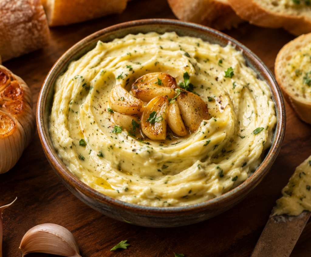 homemade roasted garlic butter in a glass jar, showing its creamy herb-filled texture with parsley and chili flakes.