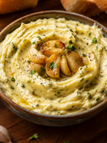 homemade roasted garlic butter in a glass jar, showing its creamy herb-filled texture with parsley and chili flakes.