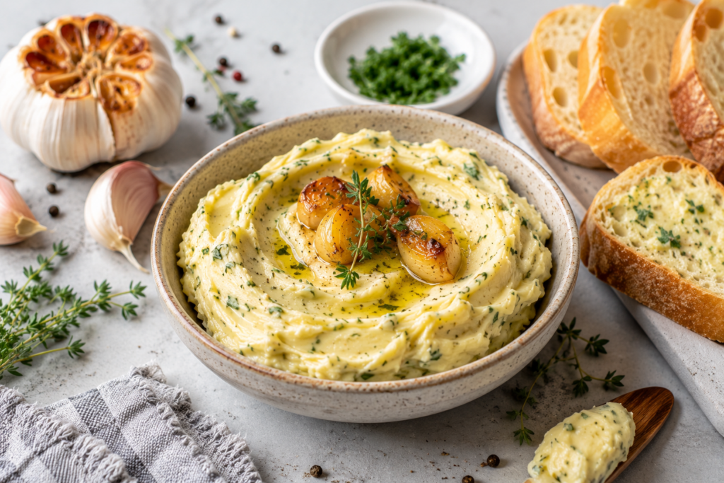 A landscape food image showing a bowl of creamy roasted garlic butter swirled with herbs and topped with golden roasted garlic cloves. The bowl sits on a gray stone surface surrounded by roasted garlic bulbs, fresh parsley, crusty bread slices, black peppercorns, and a butter knife, illuminated by soft natural light.