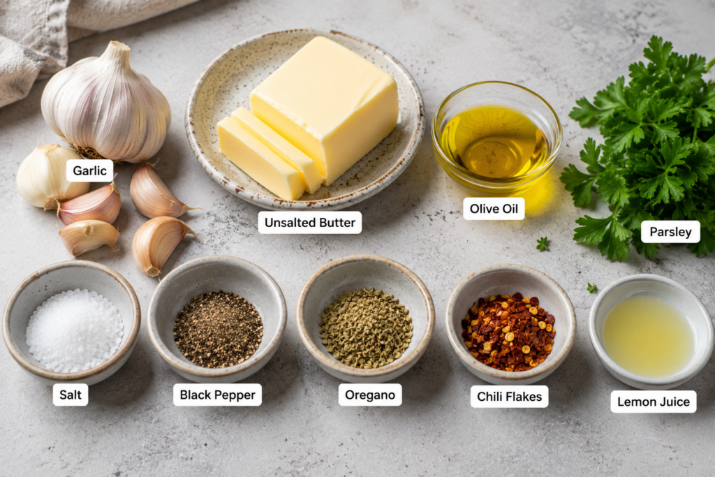 A landscape flat-lay image of roasted garlic butter ingredients arranged on a light gray countertop, including garlic cloves, unsalted butter, olive oil, fresh parsley, salt, black pepper, oregano, chili flakes, and lemon juice in small bowls under bright natural lighting.