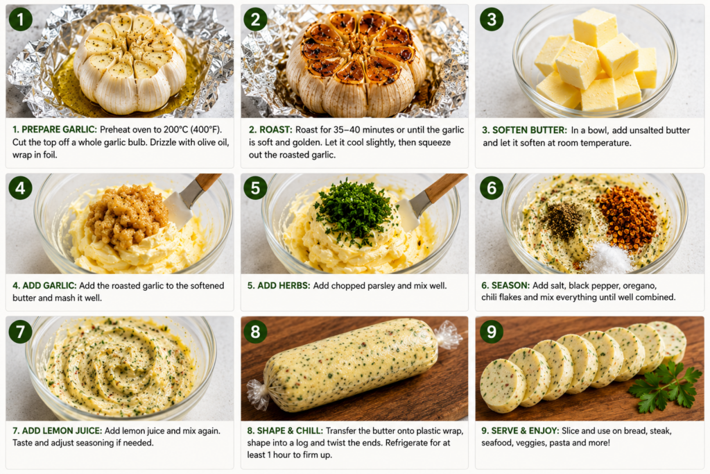 A landscape image of showing roasted garlic butter step by step recipe instruction