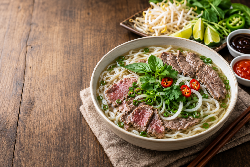 A high-resolution landscape image of authentic Vietnamese pho served in a ceramic bowl on a rustic wooden table, featuring rice noodles in clear broth topped with tender beef slices, fresh basil, cilantro, green onions, red chili slices, and onion rings, with bean sprouts, lime wedges, and dipping sauces on the side.