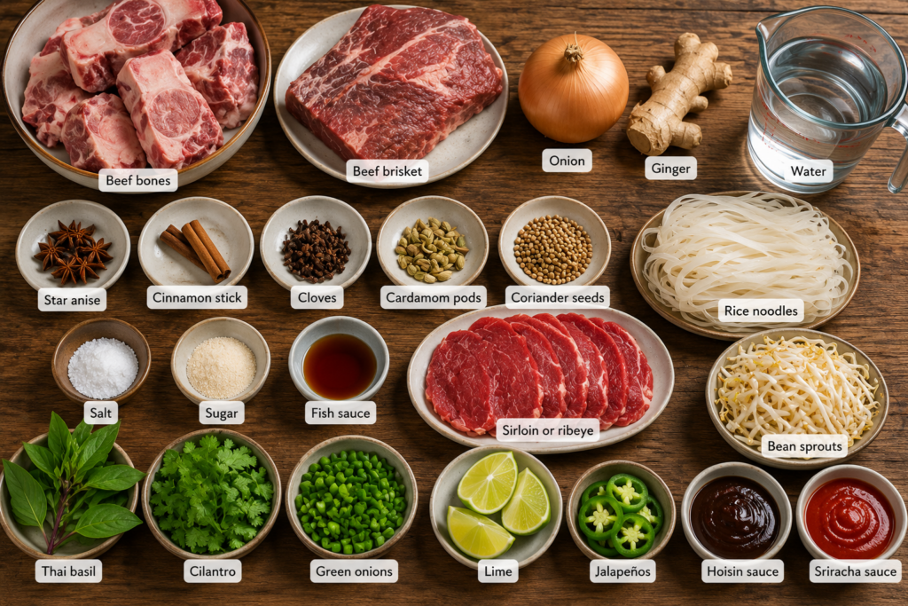 A high-resolution landscape flat-lay image of Vietnamese pho ingredients arranged on a rustic wooden table, featuring beef bones, beef brisket, rice noodles, sirloin slices, onion, ginger, star anise, cinnamon, cloves, cardamom, coriander seeds, fresh herbs, bean sprouts, lime, jalapeños, hoisin sauce, and sriracha.