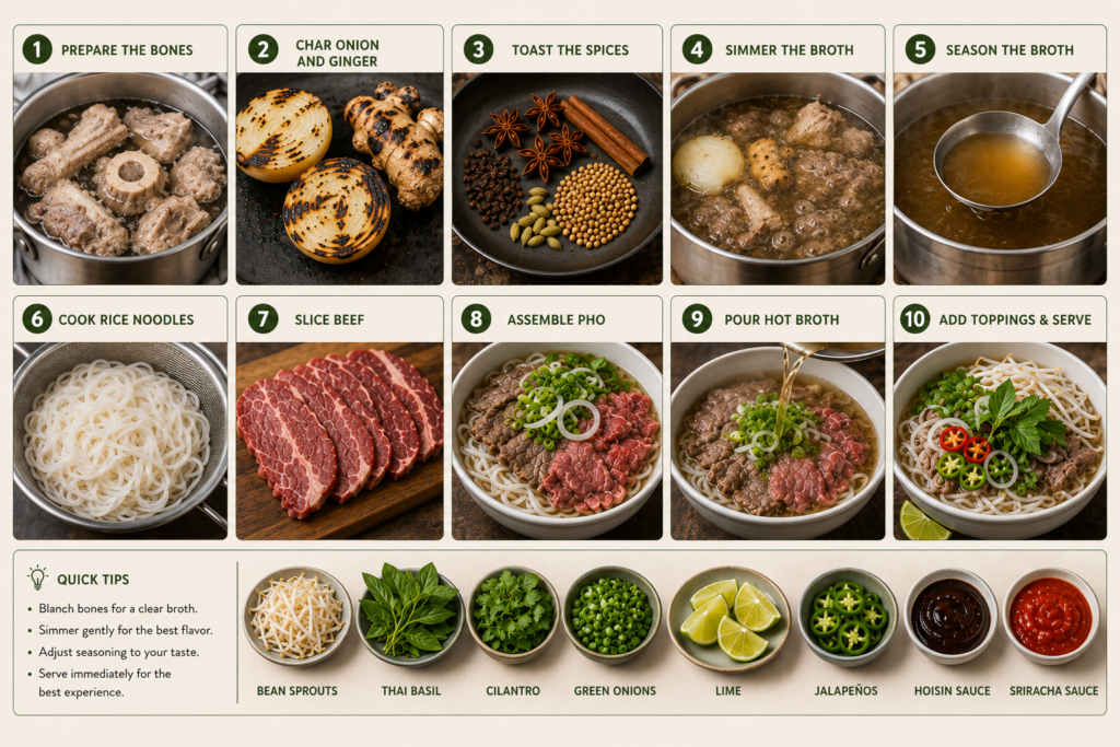 A landscape step-by-step collage showing how to make Vietnamese pho, featuring numbered cooking stages including preparing beef bones, charring onion and ginger, toasting spices, simmering broth, cooking rice noodles, slicing beef, assembling pho, pouring hot broth, and serving with fresh toppings.