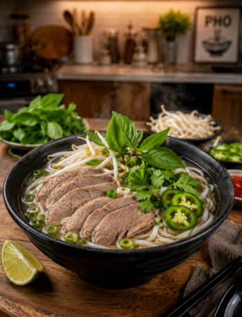 A high-quality 3:4 food photograph of authentic Vietnamese pho served in a black ceramic bowl on a wooden table in a cozy kitchen setting, featuring cooked beef slices, rice noodles, bean sprouts, fresh basil, cilantro, green onions, jalapeño slices, and a lime wedge, with steam rising from the hot broth.