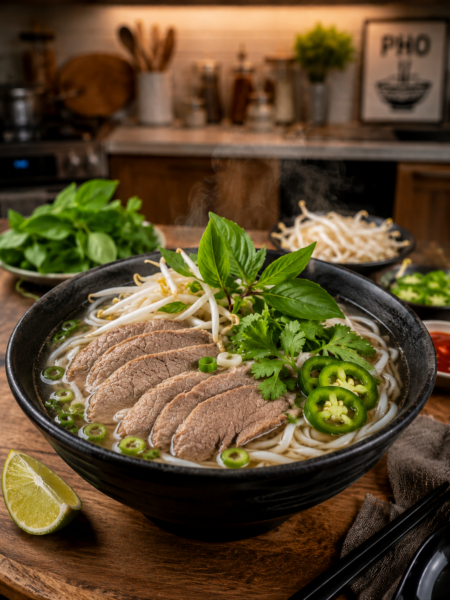A high-quality 3:4 food photograph of authentic Vietnamese pho served in a black ceramic bowl on a wooden table in a cozy kitchen setting, featuring cooked beef slices, rice noodles, bean sprouts, fresh basil, cilantro, green onions, jalapeño slices, and a lime wedge, with steam rising from the hot broth.