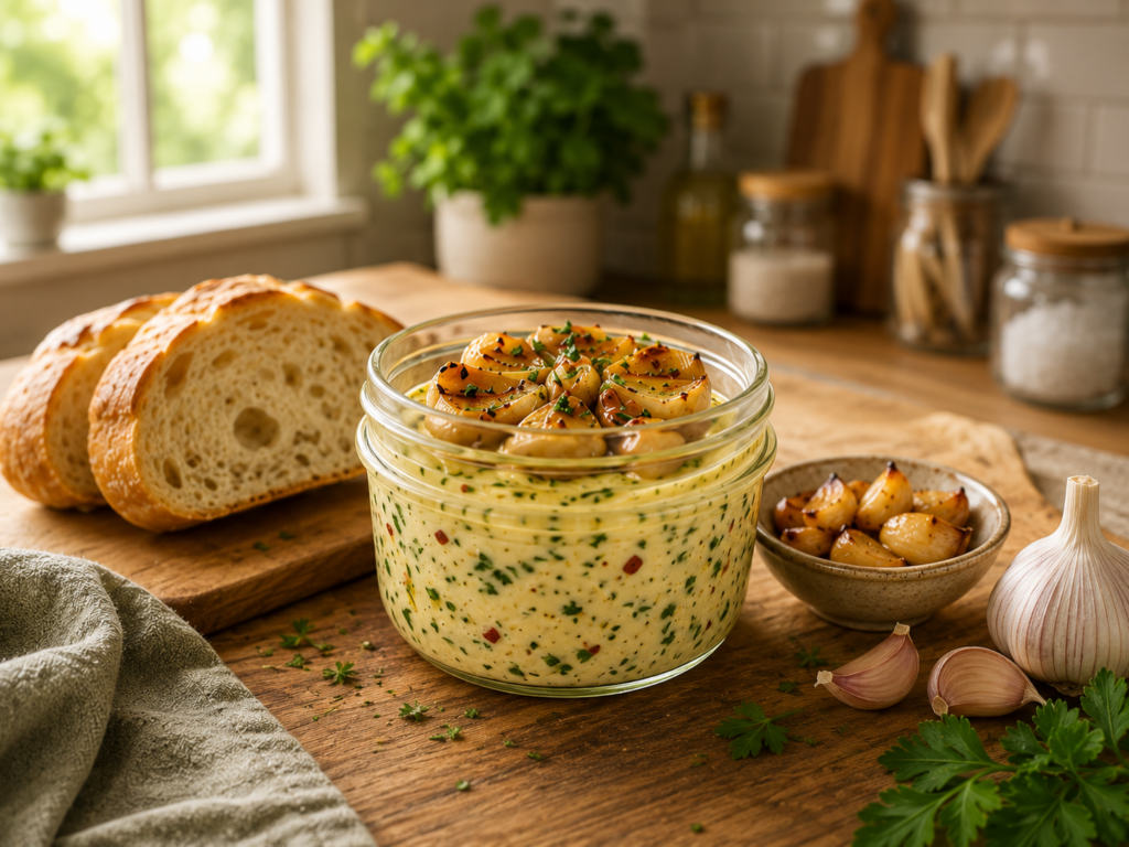 creamy roasted garlic butter stored in a clear glass jar on a rustic wooden surface. The jar is surrounded by fresh garlic cloves, parsley, and lemon,