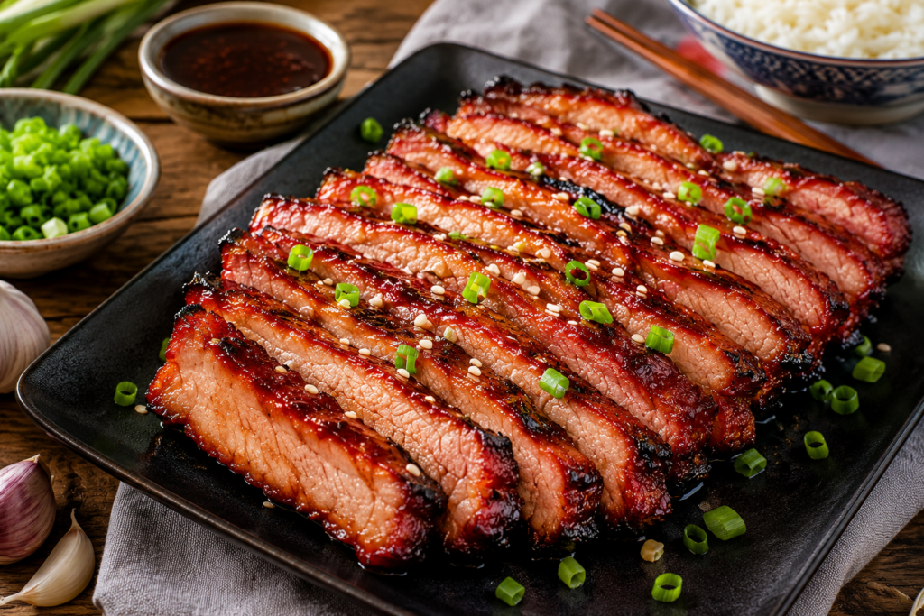 Juicy air fryer char siu pork sliced and served on a black plate, garnished with sesame seeds and green onions, with steamed rice and dipping sauce in the background.