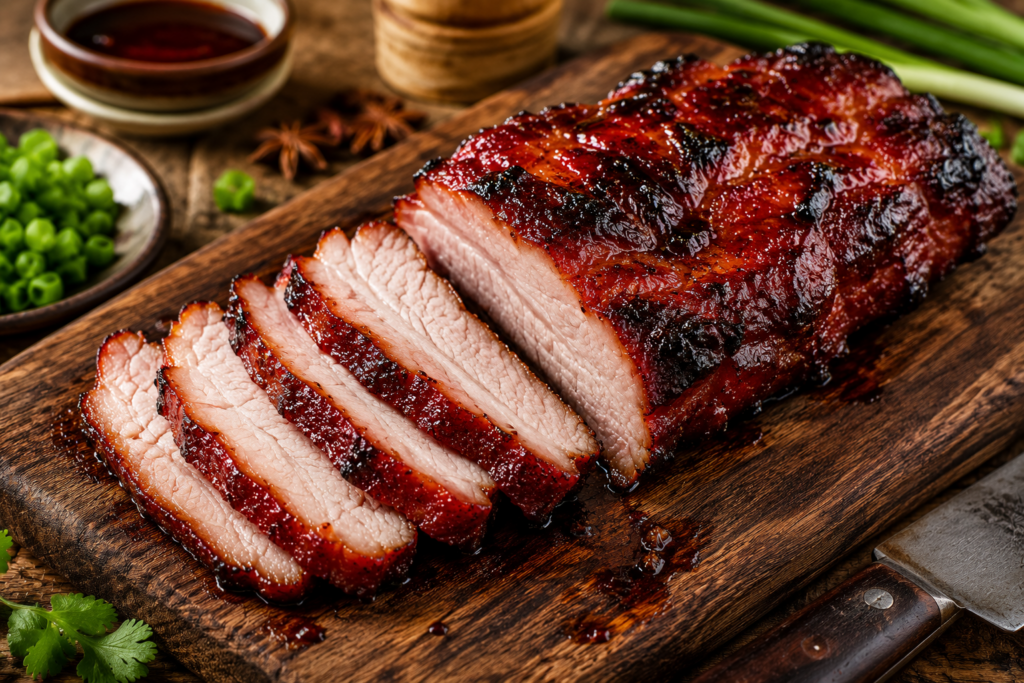 Whole air fryer Char Siu pork with a glossy caramelized glaze, partially sliced on a rustic wooden cutting board to reveal its juicy, tender interior.
