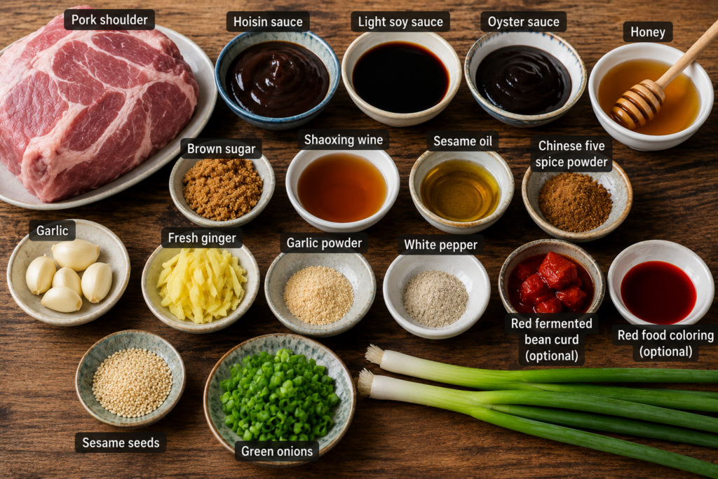 Fresh ingredients for Air Fryer Char Siu Pork arranged on a wooden table, including pork shoulder, Asian sauces, spices, garlic, ginger, honey, sesame seeds, and green onions.
