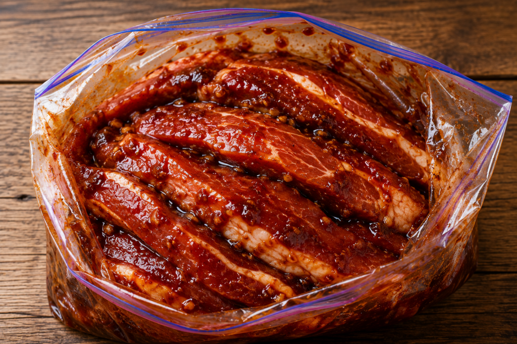 Thick strips of pork shoulder marinating in a rich, dark Cantonese BBQ sauce mixture containing garlic, soy sauce, and five-spice powder.