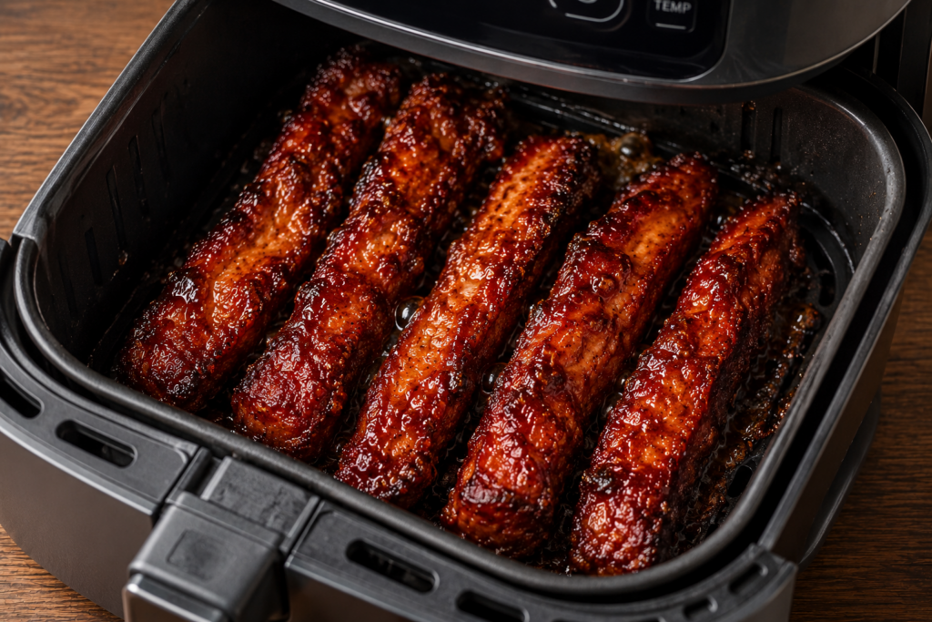 The air fryer basket pulled open mid-cook, showing the pork strips sizzling with bubbles of caramelized glaze beginning to darken on the edges.