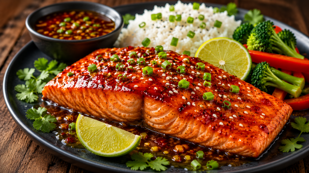 Thai sweet chili glazed salmon served with steamed jasmine rice, broccoli, red bell peppers, lime wedges, sesame seeds, green onions, and sweet chili dipping sauce on a rustic wooden table.