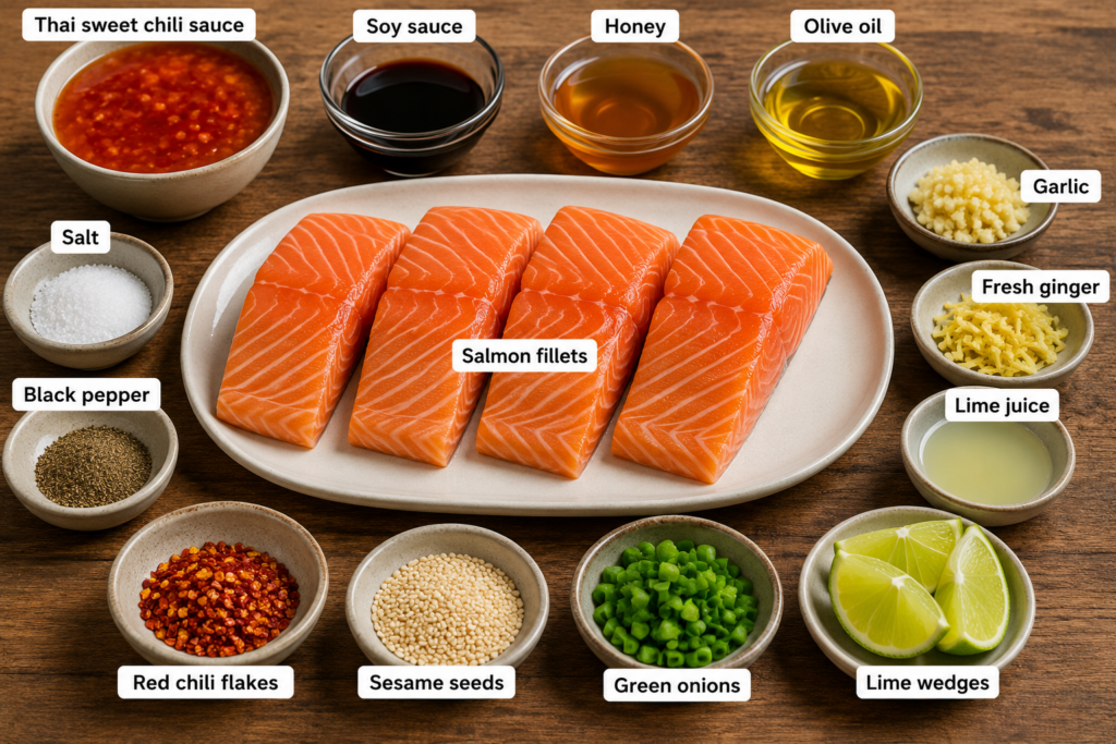 Fresh ingredients for Thai Sweet Chili Salmon, including salmon fillets, Thai sweet chili sauce, soy sauce, honey, olive oil, garlic, ginger, lime juice, salt, black pepper, red chili flakes, sesame seeds, green onions, and lime wedges arranged on a wooden table.