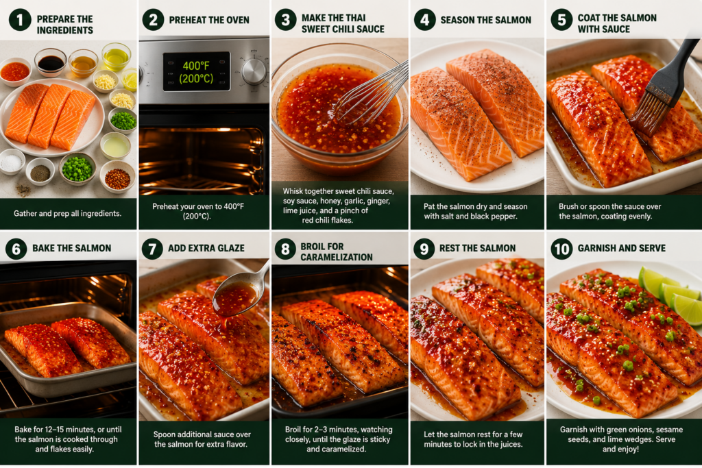 Step-by-step collage showing how to make Thai Sweet Chili Salmon, including preparing ingredients, making the sweet chili sauce, seasoning and glazing the salmon, baking, broiling, resting, and serving the finished dish.