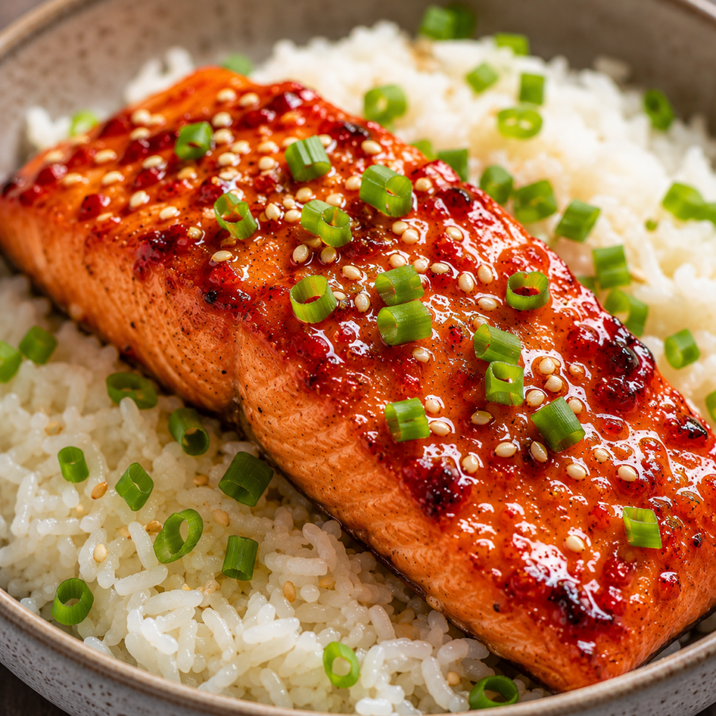 A close-up shot of a baked Thai sweet chili salmon fillet served over a bed of white jasmine rice, garnished with green onions and toasted sesame seeds.
