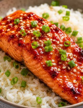 A close-up shot of a baked Thai sweet chili salmon fillet served over a bed of white jasmine rice, garnished with green onions and toasted sesame seeds.