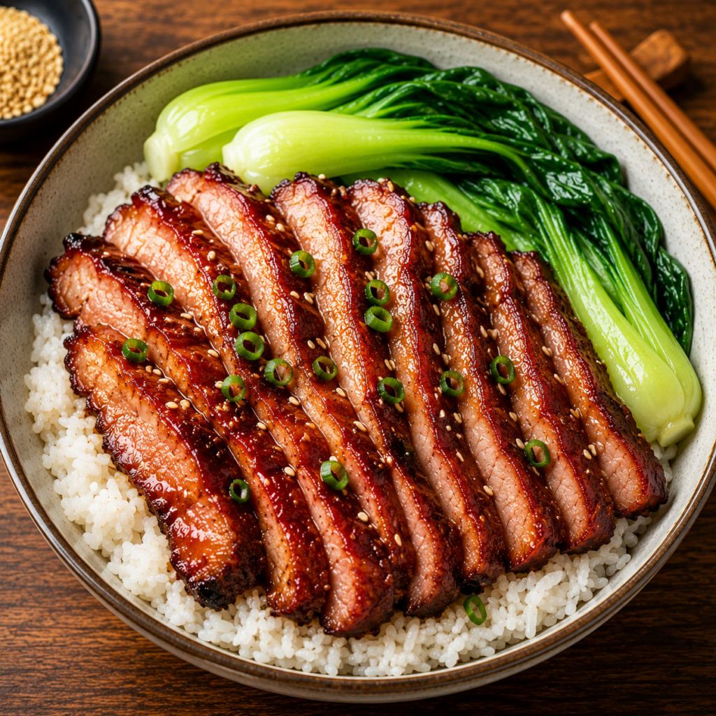 A white ceramic bowl filled with steamed jasmine rice, vibrant green bok choy, and neat slices of tender, glazed Chinese BBQ pork.