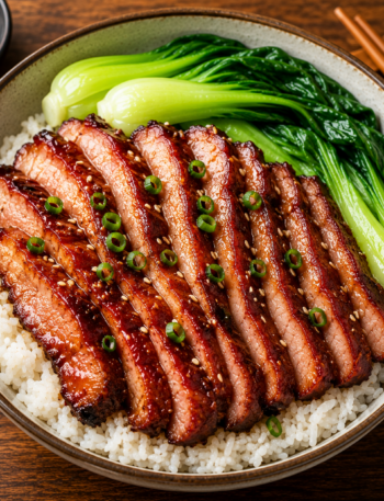 A white ceramic bowl filled with steamed jasmine rice, vibrant green bok choy, and neat slices of tender, glazed Chinese BBQ pork.