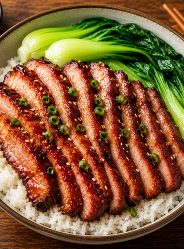 A white ceramic bowl filled with steamed jasmine rice, vibrant green bok choy, and neat slices of tender, glazed Chinese BBQ pork.